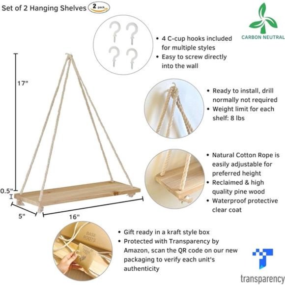 Hanging Shelves for Wall [Set of 2 w/ Hooks] Floating Shelves,Macrame Rope Shelf - Picture 2 of 6